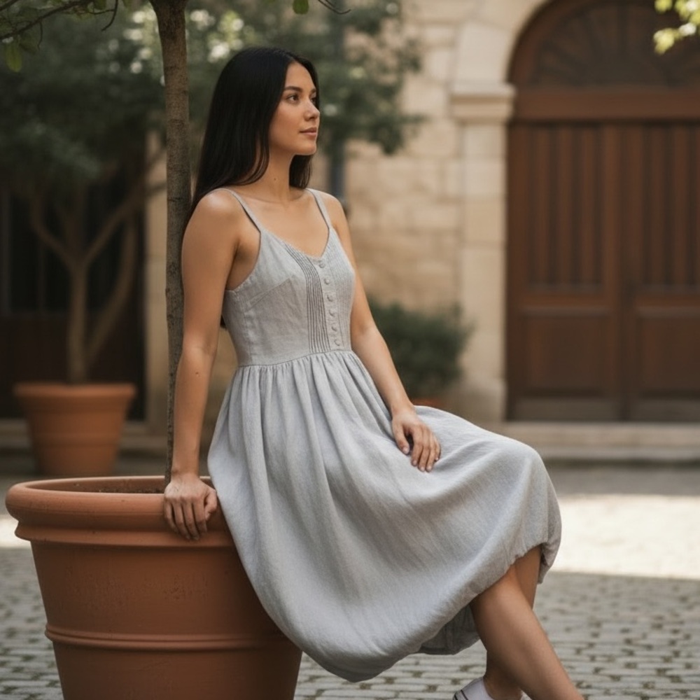 Lurdes Bergada Bubble Hem Midi Dress Taupe Stone 100% Lyoncell Size L NWT